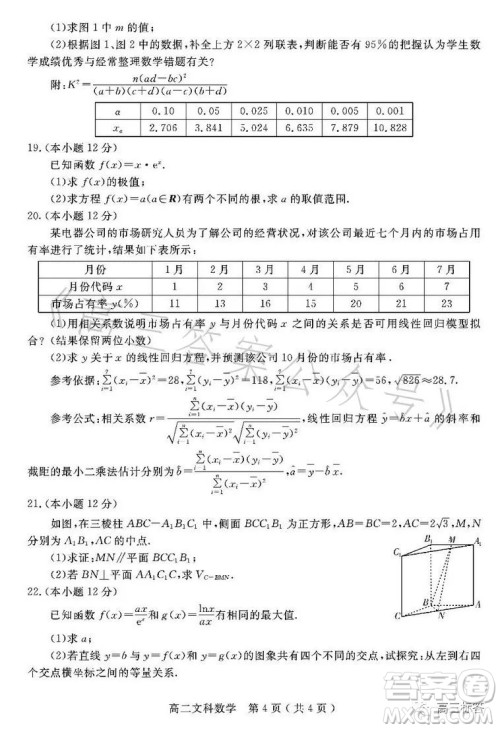 乐山市高中2024届期末教学质量检测文科数学试卷答案