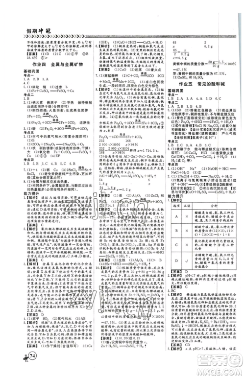 云南大学出版社2023假期冲冠九年级化学人教版参考答案