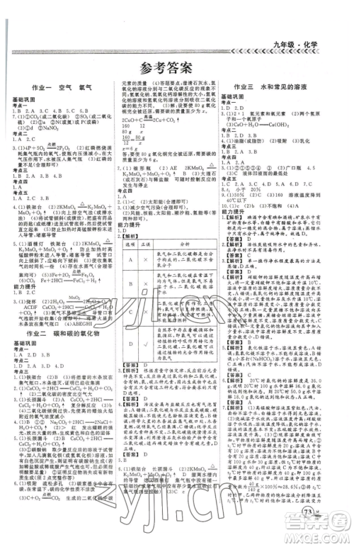 云南大学出版社2023假期冲冠九年级化学人教版参考答案