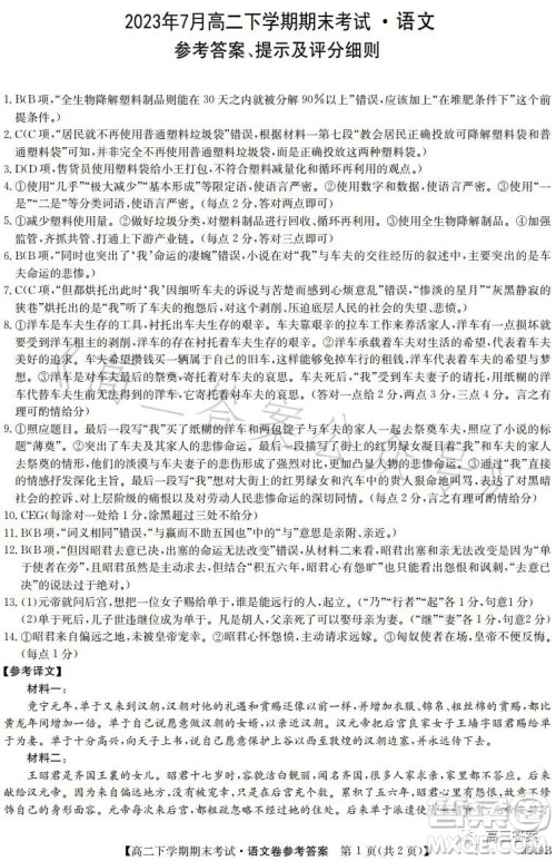 金太阳联考2023年7月高二下学期期末考试3549B语文试卷答案