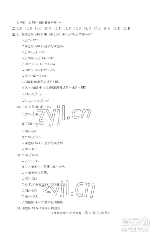 延边教育出版社2023暑假作业八年级合订本华师大版河南专版参考答案