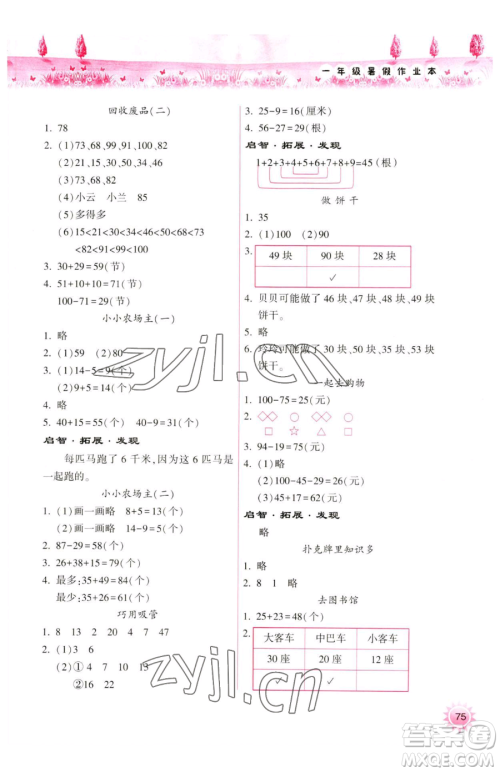 希望出版社2023暑假作业本天天练小学一年级合订本B版晋城专版参考答案