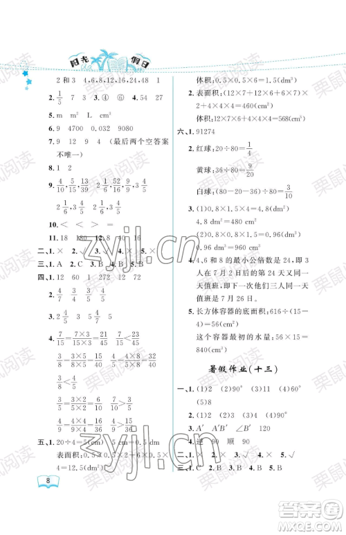 黑龙江少年儿童出版社2023阳光假日暑假五年级数学人教版参考答案