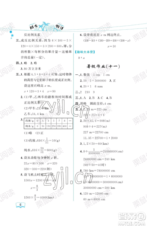 黑龙江少年儿童出版社2023阳光假日暑假六年级数学人教版参考答案