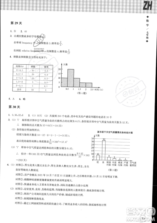 浙江教育出版社2023暑假作业本七年级数学浙教版参考答案