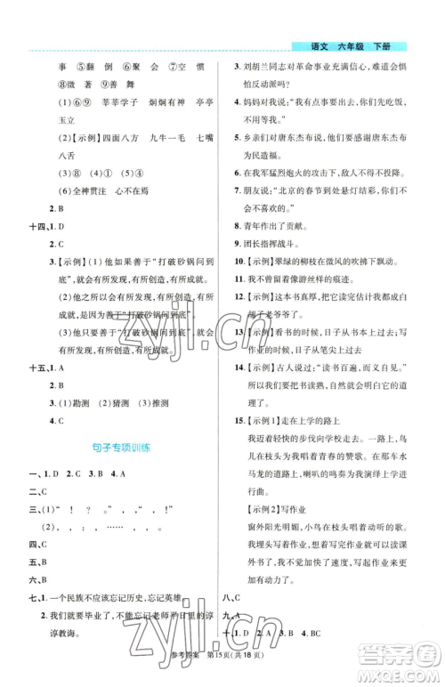 北京师范大学出版社2023课内课外直通车六年级语文人教版河南专版参考答案