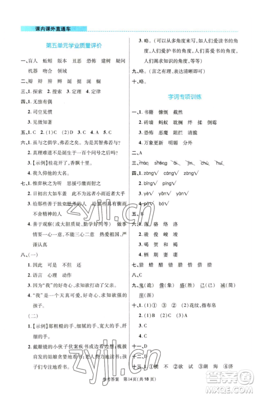 北京师范大学出版社2023课内课外直通车六年级语文人教版河南专版参考答案