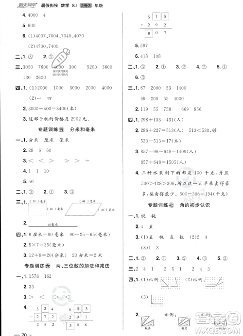 江西教育出版社2023阳光同学暑假衔接2升3数学苏教版答案