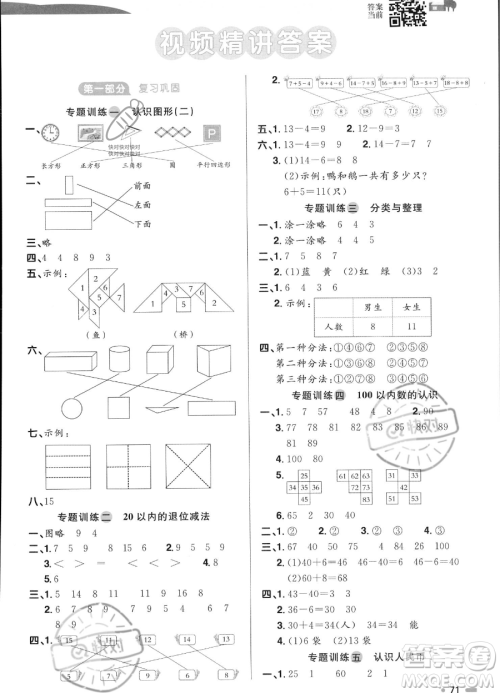 江西教育出版社2023阳光同学暑假衔接1升2数学人教版答案