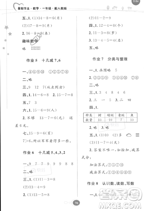 贵州人民出版社2023年暑假作业一年级数学人教版答案