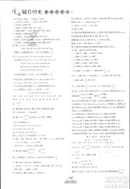 阳光出版社2023年假日时光暑假作业七年级数学冀教版答案