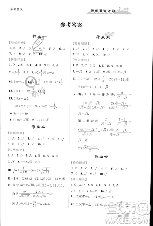 内蒙古人民出版社2023年快乐暑假活动八年级数学通用版答案 内蒙古人民出版社2023年快乐暑假活动八年级数学通用版答案
