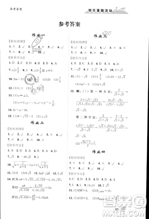 内蒙古人民出版社2023年快乐暑假活动八年级数学通用版答案