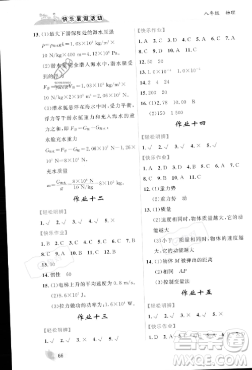 内蒙古人民出版社2023年快乐暑假活动八年级物理通用版答案