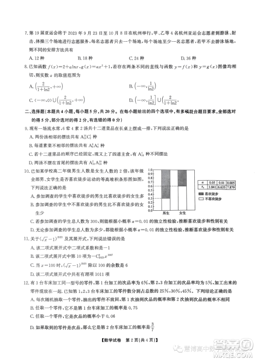 山西名校2023年高二下学期7月期末联合测评数学试题答案