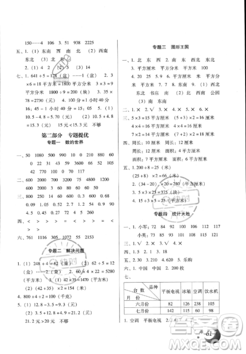 云南美术出版社2023年本土好学生暑假总复习三年级数学人教版答案