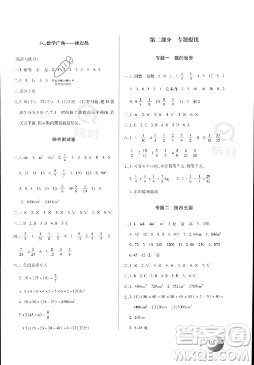 云南美术出版社2023年本土好学生暑假总复习五年级数学人教版答案