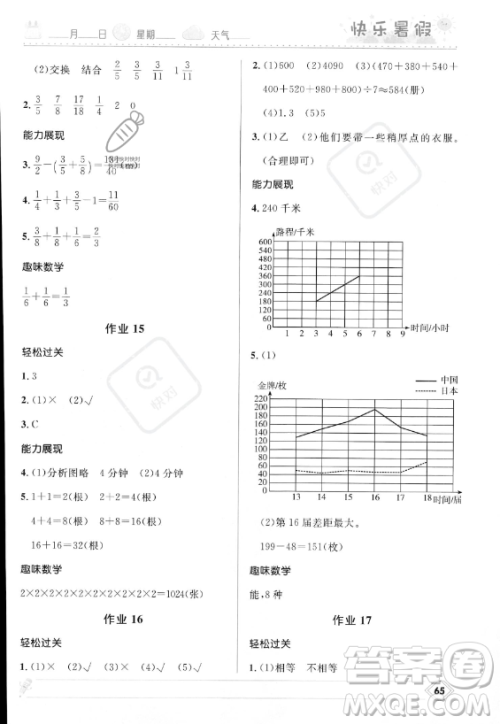 河北少年儿童出版社2023年小学生快乐暑假五年级数学人教版答案
