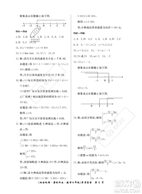 湖南大学出版社2023湘岳假期暑假作业七年级数学人教版答案