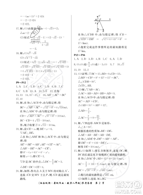 湖南大学出版社2023湘岳假期暑假作业八年级数学湘教版答案