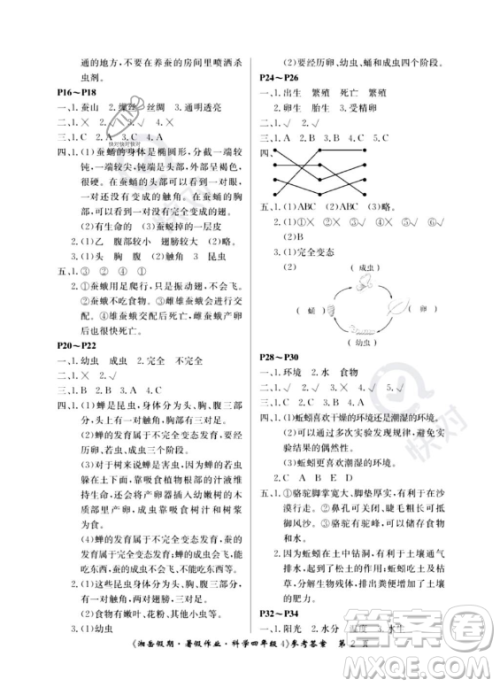湖南大学出版社2023湘岳假期暑假作业四年级科学通用版答案