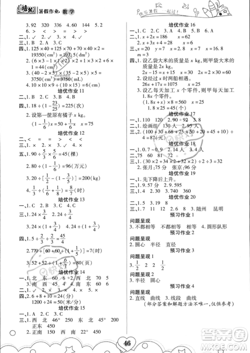 武汉大学出版社2023年培优暑假作业五升六衔接五年级数学A版答案