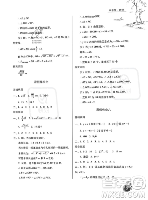 河北人民出版社2023年暑假生活八年级数学通用版答案