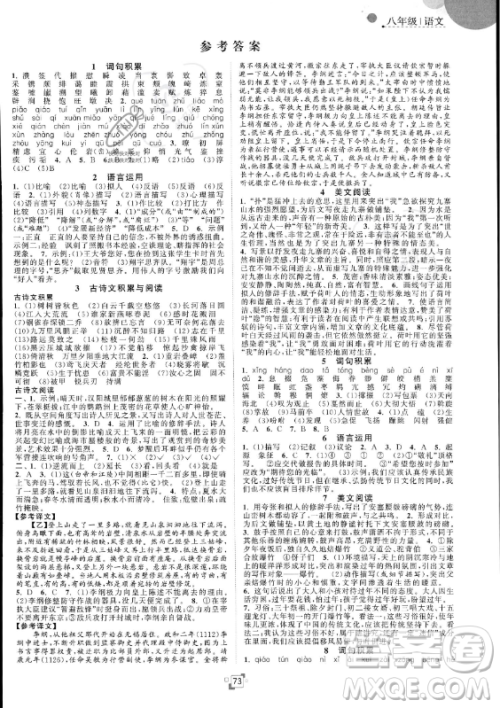 江苏人民出版社2023年暑假提优集训40天八年级语文人教版答案