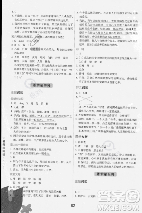 云南美术出版社2023年暑假好阅读五升六年级语文通用版答案