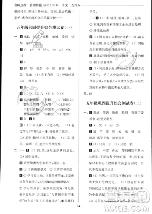 江苏凤凰美术出版社2023年名师点拨暑假衔接培优100分五升六年级语文通用版答案