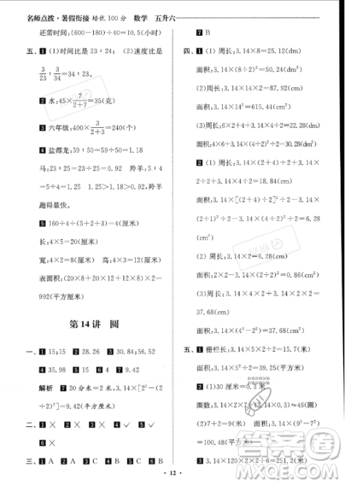 江苏凤凰美术出版社2023年名师点拨暑假衔接培优100分五升六年级数学通用版答案
