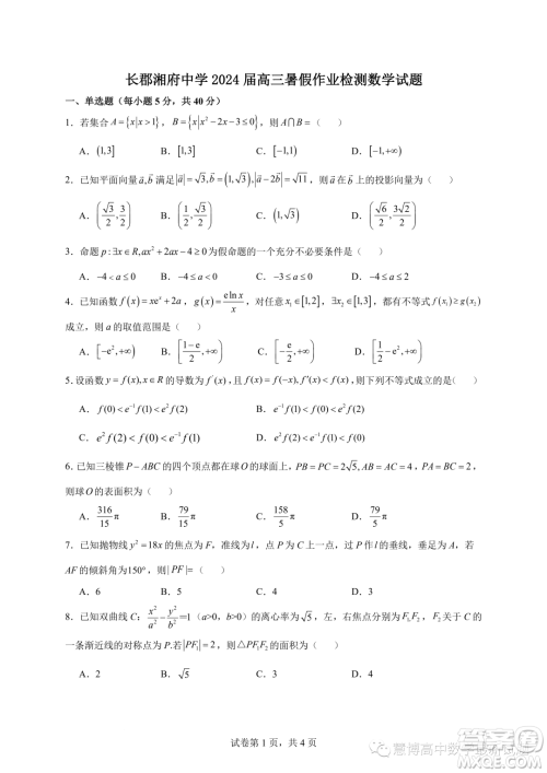 湖南长沙长郡湘府中学2024届高三暑假作业检测数学试题答案