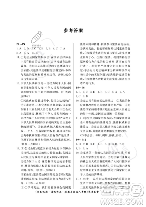 湖南大学出版社2023年湘岳假期暑假作业八年级道德与法治人教版答案