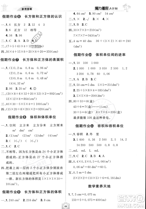 江西美术出版社2023年魔力暑假A计划五年级数学人教版答案