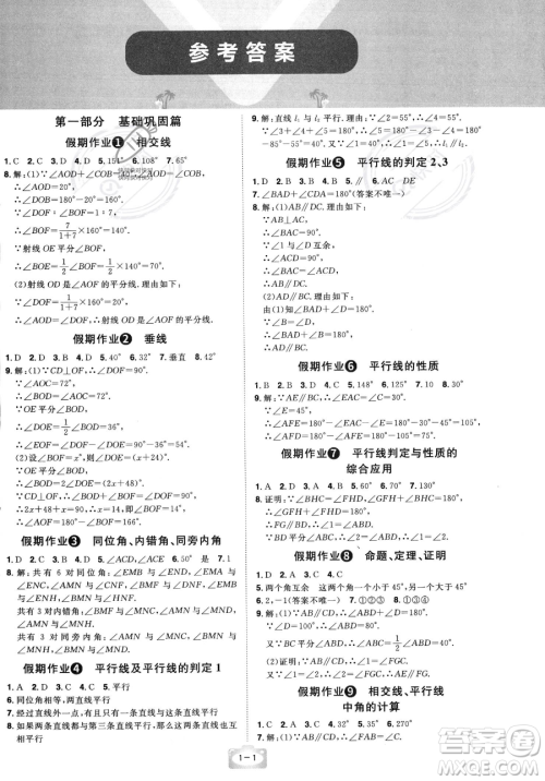 江西美术出版社2023年魔力暑假A计划七年级数学人教版答案