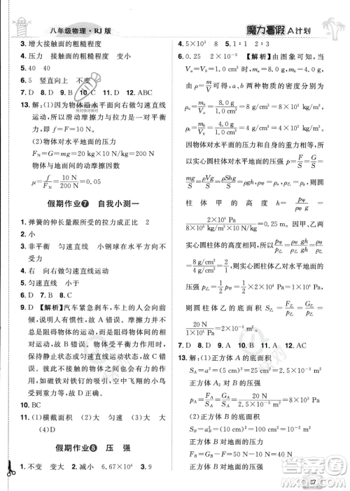 江西美术出版社2023年魔力暑假A计划八年级物理人教版答案