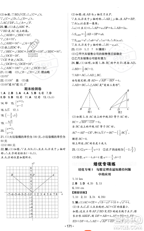 湖南教育出版社2023年一本同步训练八年级上册数学北师大版答案