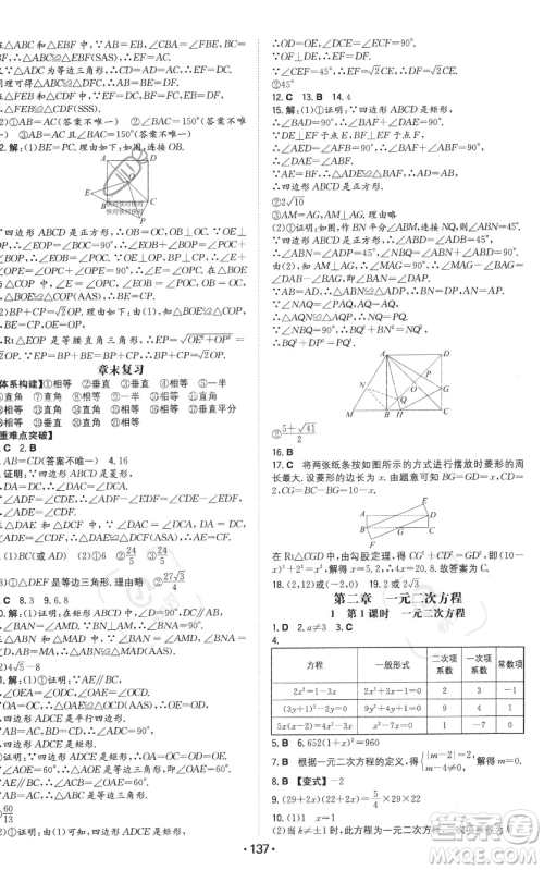 湖南教育出版社2023年一本同步训练九年级上册数学北师大版答案