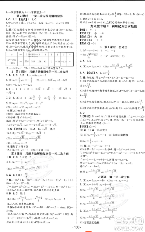 湖南教育出版社2023年一本同步训练九年级上册数学北师大版答案