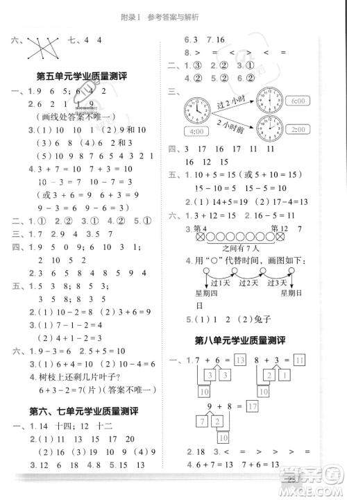 龙门书局2023黄冈小状元作业本一年级上册数学人教版答案