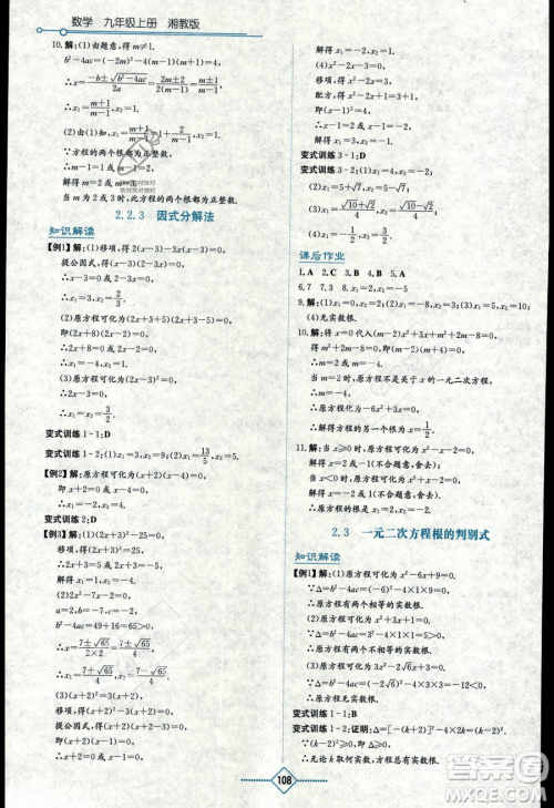 湖南教育出版社2023学法大视野九年级上册数学湘教版答案