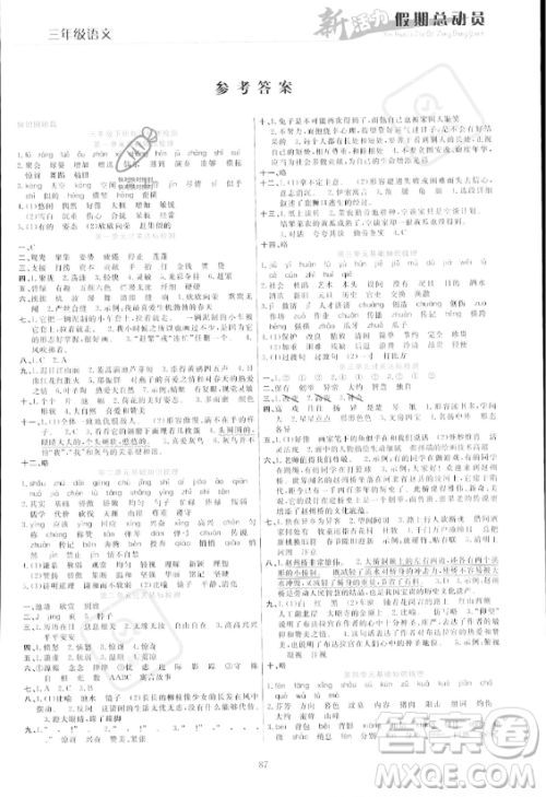 甘肃文化出版社2023年新活力暑假总动员三年级语文通用版答案