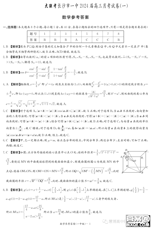 湖南大联考长沙一中2024届高三上学期月考一数学试卷答案