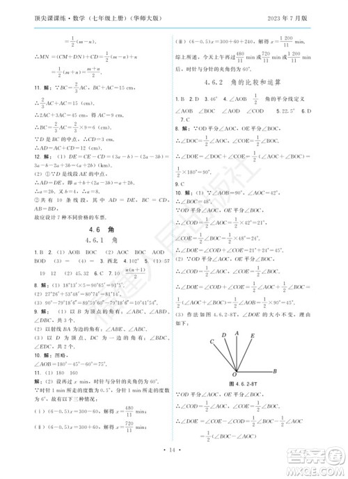 福建人民出版社2023年秋季顶尖课课练七年级数学上册华师大版参考答案