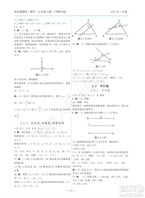 福建人民出版社2023年秋季顶尖课课练七年级数学上册华师大版参考答案