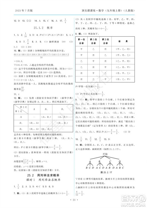 福建人民出版社2023年秋季顶尖课课练九年级数学上册人教版参考答案