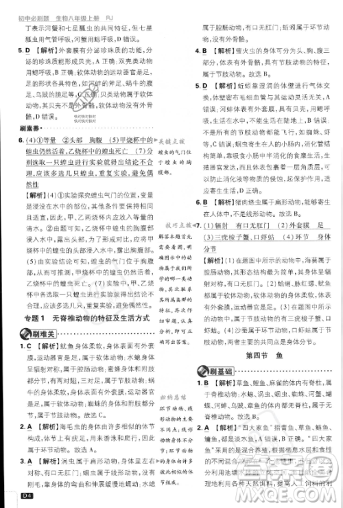 开明出版社2024届初中必刷题八年级上册生物人教版答案 开明出版社2024届初中必刷题八年级上册生物人教版答案