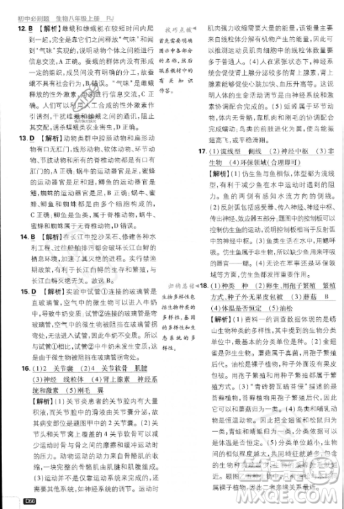 开明出版社2024届初中必刷题八年级上册生物人教版答案 开明出版社2024届初中必刷题八年级上册生物人教版答案