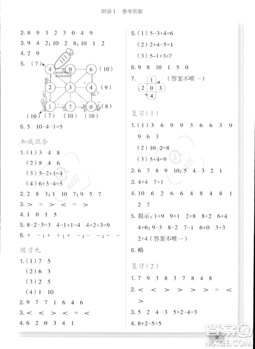 龙门书局2023年秋季黄冈小状元作业本一年级上册数学江苏版答案