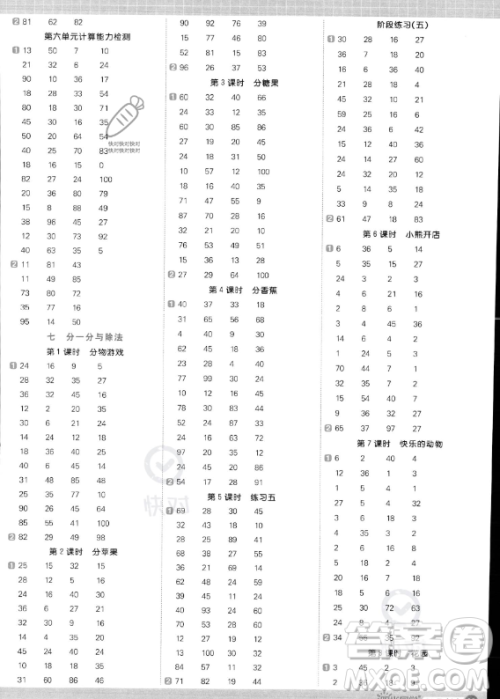 江西教育出版社2023年秋季阳光同学计算小达人二年级上册数学北师大版答案